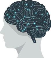 Human brain silhouette filled with circuit patterns in a minimal design style, representing technology and intelligence in art vector