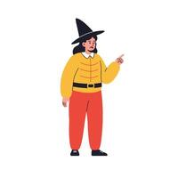 A young woman wearing a pointy hat and colorful clothing gesturing playfully in a flat and minimal design style illustration vector
