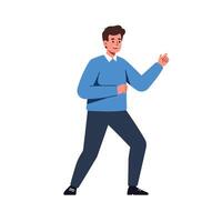 A cheerful young man in a blue sweater joyfully dancing with enthusiasm against a minimalist background in flat art vector