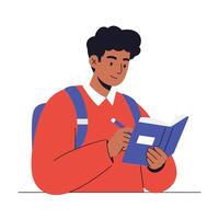 A young man with curly hair wearing a red sweater sits at a desk, actively writing in a notebook in a minimal illustration vector