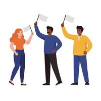 Three engaged individuals holding white flags in a minimal flat design illustration showcasing unity and expression of ideas vector
