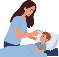 Caring mother checking her sons temperature in a minimal and warm setting, showcasing compassion and concern, illustration vector
