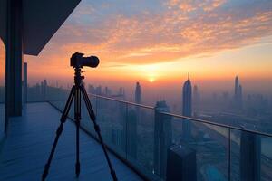 A high-end DSLR or movie camera mounted on a tripod on a skyscraper balcony to capture the sprawling metropolis during the golden hour of sunrise or sunset. photo