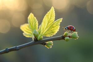 A small red ladybug crawls on young tree leaves in spring. Macro photo. Generated by artificial intelligence photo