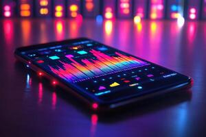 Digital music equalizer on a smartphone screen with colorful lights and a sound wave background. photo
