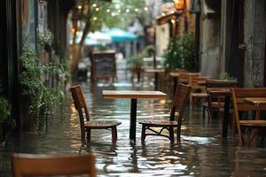 Flood. Wooden tables and chairs of a street cafe are flooded with water. Generated by artificial intelligence photo