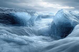 Close-up of massive glacier melting in Antarctica. Ice and water in cloudy weather. Generated by artificial intelligence photo