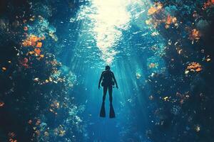 A diver rises to the surface of the water in a gorge of underwater rocks. Generated by artificial intelligence photo