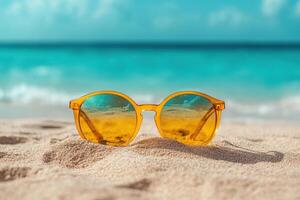 Sunglasses on the beach in the sand with a view of the sea. Beach holiday concept. Generated by artificial intelligence photo
