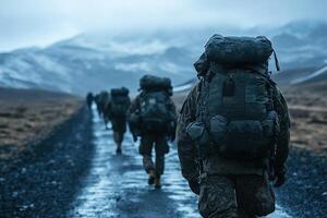 A squad of soldiers returning home from war. A rear view of men in military uniform with backpacks on their backs walking along a country road. Generated by artificial intelligence photo