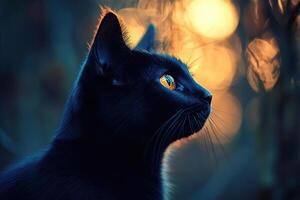Portrait of a black cat with a blurred golden bokeh background. Generated by artificial intelligence photo