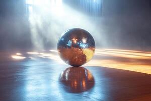 A mirrored disco ball on the floor is illuminated by a beam of bright light in an empty dance studio. Generated by artificial intelligence photo