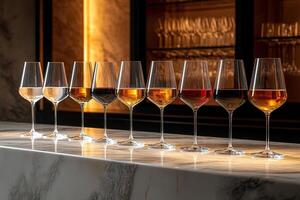 A row of glasses with wine varieties for tasting stands on a marble bar counter. Generated by artificial intelligence photo