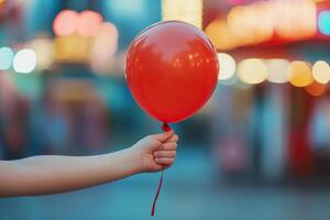 Red balloon with ribbon tied to it in child's hand against blurred background of lights in amusement park in evening. Generated by artificial intelligence photo