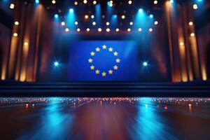 Wooden display platform with blurred background of eu flag in the background. Generated by artificial intelligence photo