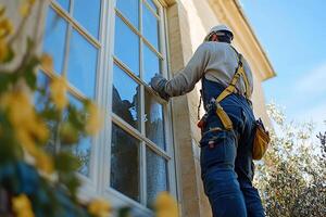 A worker stands on a ladder and repairs the facade of a house near a window. Generated by artificial intelligence photo