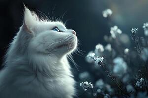 Adorable white Persian cat with blue eyes sits and looks up against a blurred blue background with flowers. The mystical beauty of cats. photo
