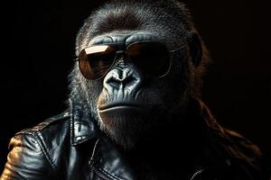 Gorilla in black sunglasses and leather jacket on black background. Generated by artificial intelligence photo