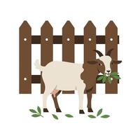 Goat standing near a wooden fence, munching on green leaves in a flat illustration showcasing a rural atmosphere and playful mood vector