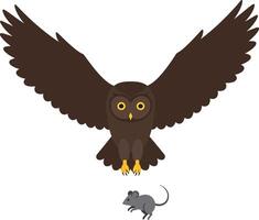 Majestic owl soaring downwards with outstretched wings to catch a small mouse in a minimalistic flat art vector