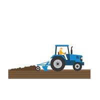 Blue tractor plowing soil in a flat, minimal style illustration depicting agricultural activity under bright sunlight with a farmer at work in a field. vector