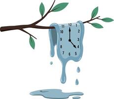 Melting blue clock hanging from a branch with green leaves in a surreal, minimalist illustration depicting the fluidity of time and natures harmony vector