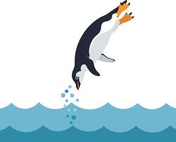 Penguin diving into turquoise ocean waves in a flat, minimal design illustration vector