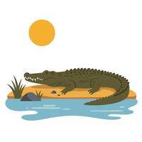 A crocodile resting on a sandy shore with green grass and a calm water setting, flat art vector