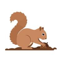 A playful brown squirrel digging in the soil, showcasing its fluffy tail and curious expression, in a flat art style vector