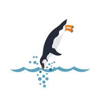 A playful penguin diving into the ocean with splashes in a minimal flat design art vector