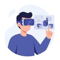 A young man wearing virtual reality goggles in a modern classroom environment, showcasing interactive learning with engaging technology in flat art vector