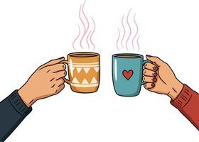 Two hands holding steaming coffee mugs in a cozy setting, showcasing warmth and connection in flat art vector