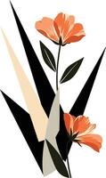 Vibrant orange flowers with green leaves and geometric black shapes in a flat design style, creating a modern and artistic illustration vector
