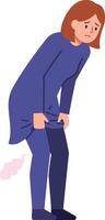 A woman in a blue outfit looking embarrassed while holding her pants with a light-hearted expression in a humorous flat illustration vector