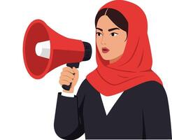 A determined woman in a red hijab passionately speaking into a megaphone, showcasing a minimal design style, conveying empowerment and activism in illustration vector
