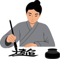 A skilled calligrapher in a grey robe gracefully writing elegant characters using a brush, showcasing flat design art vector