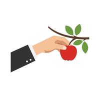 Hand reaching for a ripe red apple on a branch in a flat and minimal illustration vector