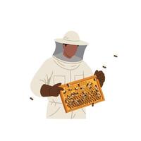 Beekeeper in protective gear inspecting honeycomb frame with bees buzzing around in a flat illustration vector