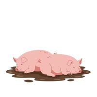Two adorable pink pigs sleeping peacefully in a muddy puddle, showcasing a flat design style, whimsical and cheerful illustration vector