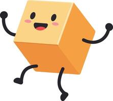 Cheerful smiling cube character with limbs, playful expression, flat design, colorful style, expressing joy and excitement, ideal for childrens illustrations, art vector