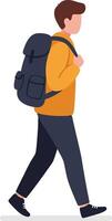 Young man with a backpack in a casual outfit walking confidently in a flat illustration vector