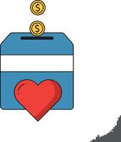 Donation box with heart symbol and coins dropping, flat illustration of charitable giving and financial support theme vector