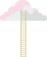 A wooden ladder reaching up into a fluffy pink and grey cloud in a flat illustration, symbolizing dreams and aspirations in a whimsical setting vector