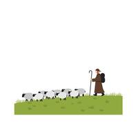 A shepherd guiding a flock of sheep across a green hillside in minimal art style, showcasing harmony and connection with nature in illustration vector