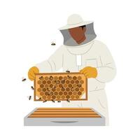 Beekeeper in protective gear inspecting honeycomb frame with buzzing bees in a flat and minimal illustration vector