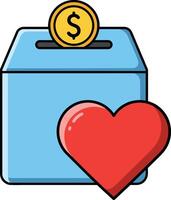 A blue donation box with a heart symbol and a dollar coin slot, designed in a flat, minimal style, emphasizing charity and giving, illustration vector