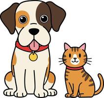 Playful dog and cat duo sitting together in a cheerful flat design style art vector