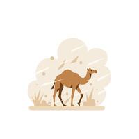 A solitary camel walking through sandy dunes in a minimalistic style, evoking a serene atmosphere in this art vector