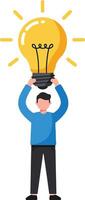 A man joyfully lifting a large light bulb above his head in a flat illustration, symbolizing creativity and inspiration in a bright atmosphere vector
