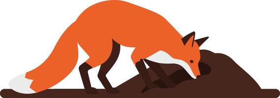 A playful orange fox digging into a brown mound in a flat illustration showcasing wildlife in a natural setting and highlighting the foxs curious nature in art vector